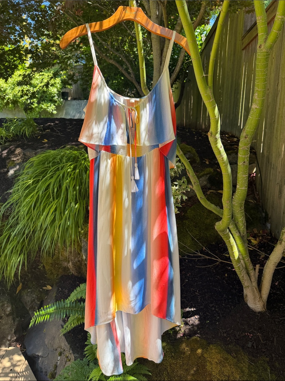 Ella Moss Rainbow Stripe High-Low Maxi Dress Tassel Tie S
